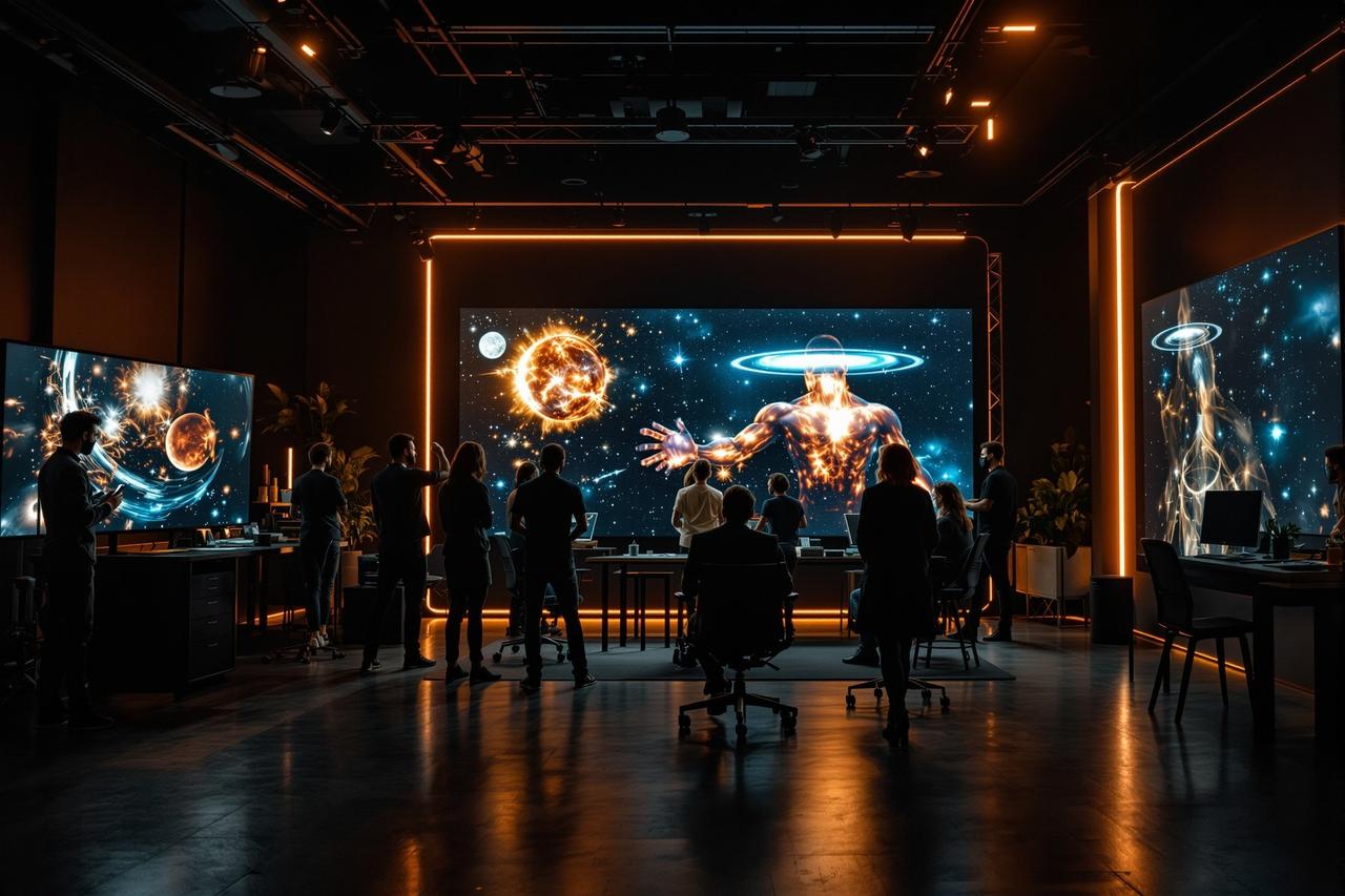 丫丫影视科研团队在现代化暗色调工作室协作,大屏幕显示宇宙可视化画面
